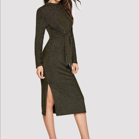 SHEIN Dresses & Skirts - Tie Waist Side Slit Metallic Ribbed Sweater Dress